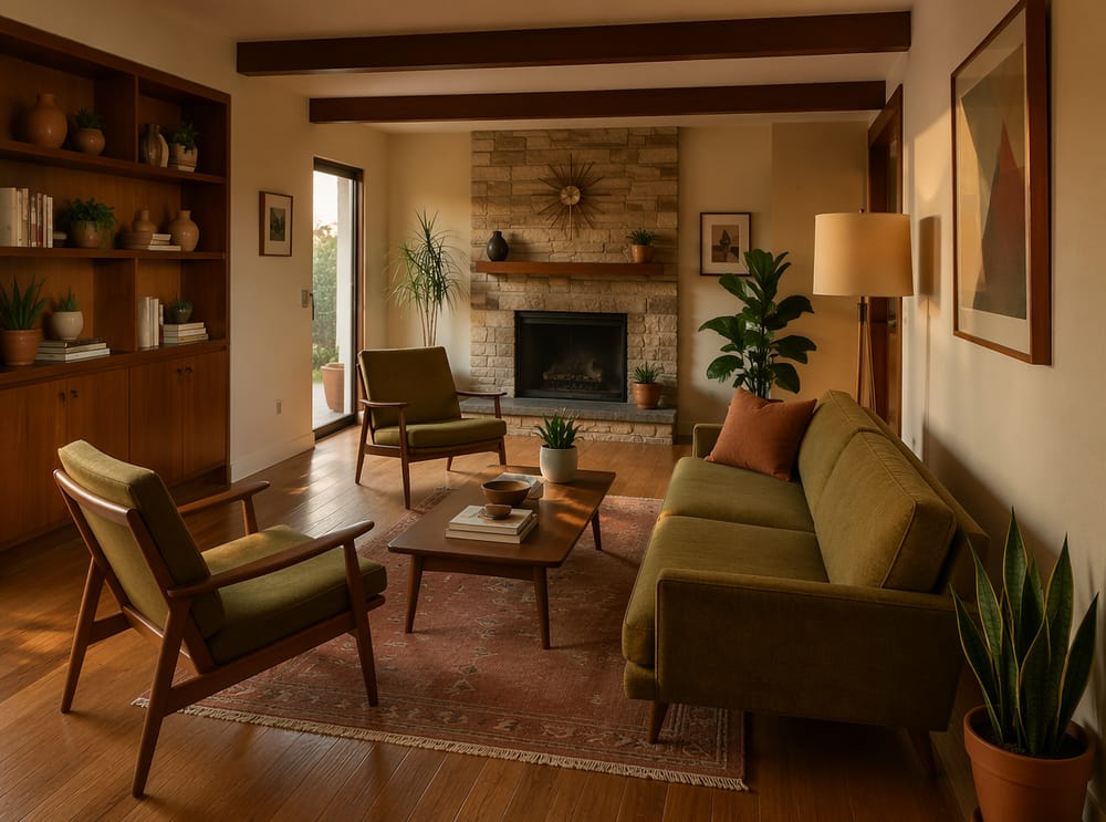 Olive sofa facing stone fireplace, open shelving opposite