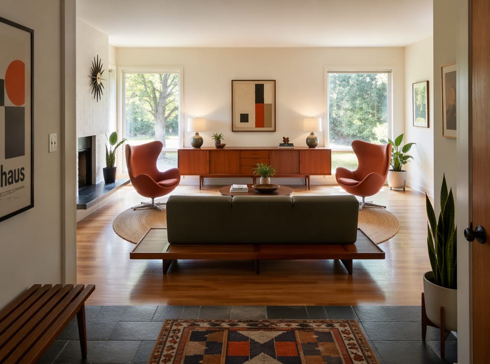 Burnt orange chairs facing walnut sofa, jute rug below
