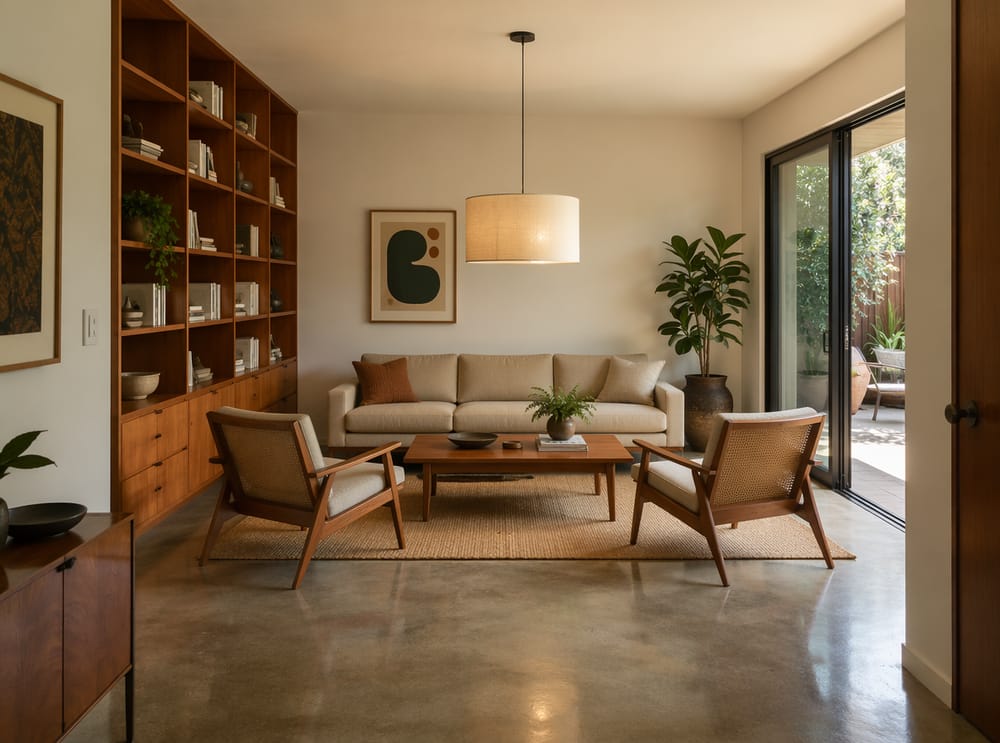 Rattan-back chairs flanking teak coffee table, patio beyond