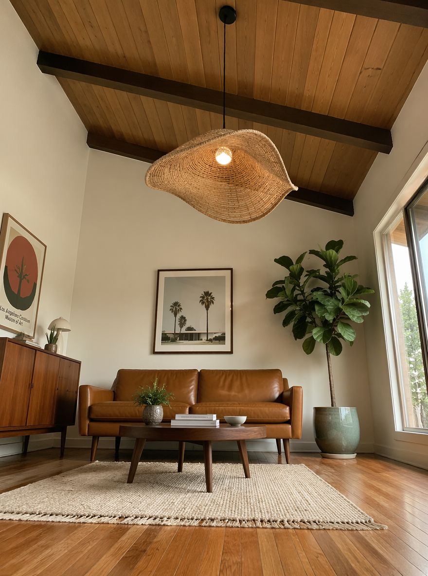 Woven pendant above round walnut table, low angle