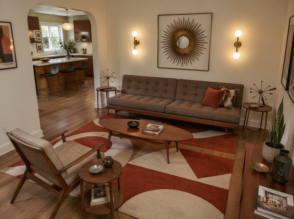 Tufted walnut sofa below sunburst mirror, sconce light