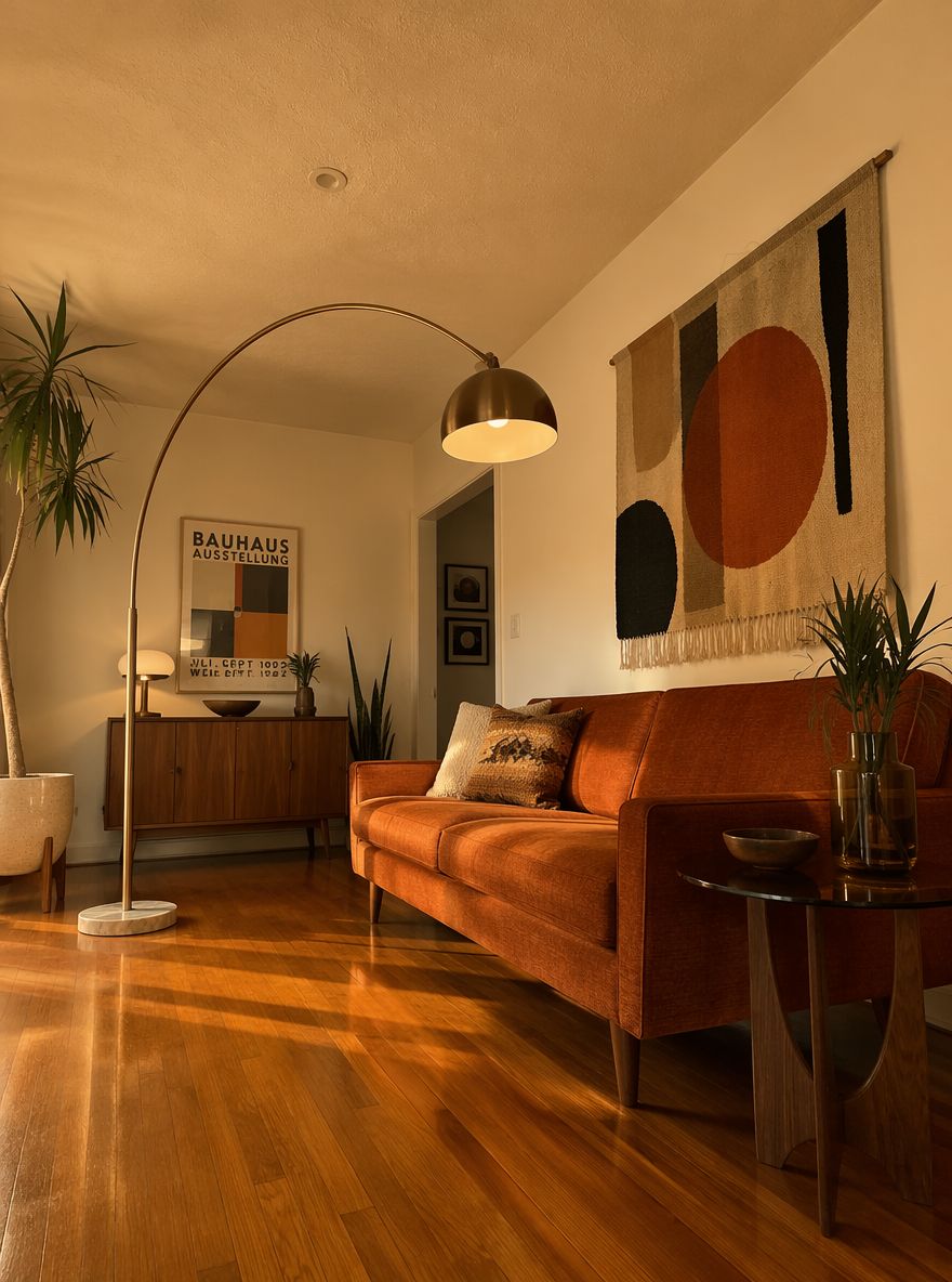 Arc lamp curving over rust-orange low sofa