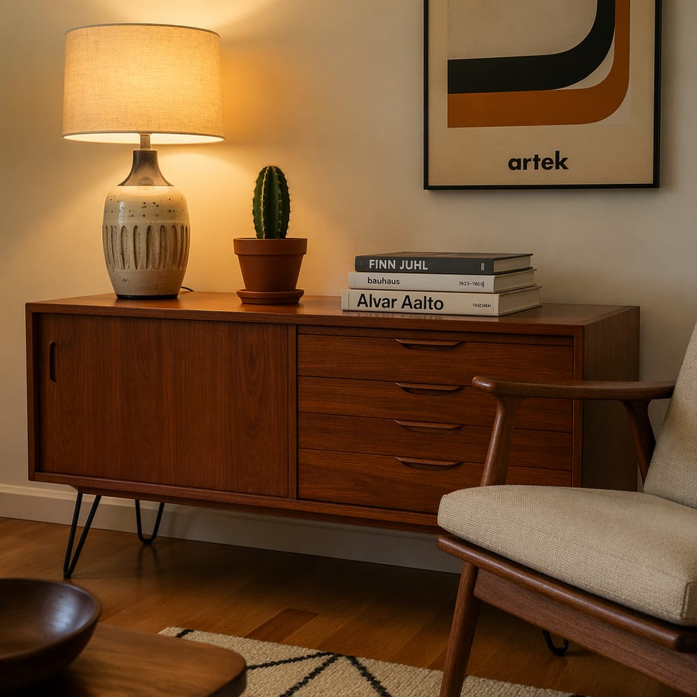 Teak credenza corner with ceramic lamp and cactus