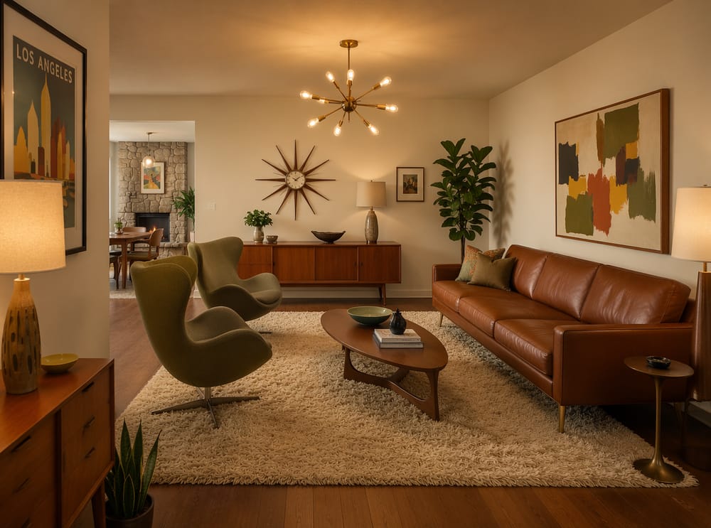Brown leather sofa, egg chairs around oval teak table