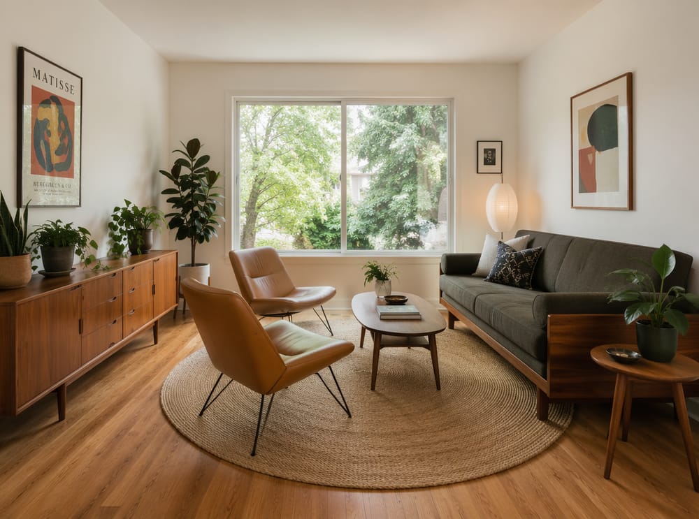 Charcoal tweed sofa, caramel chairs on oval jute rug