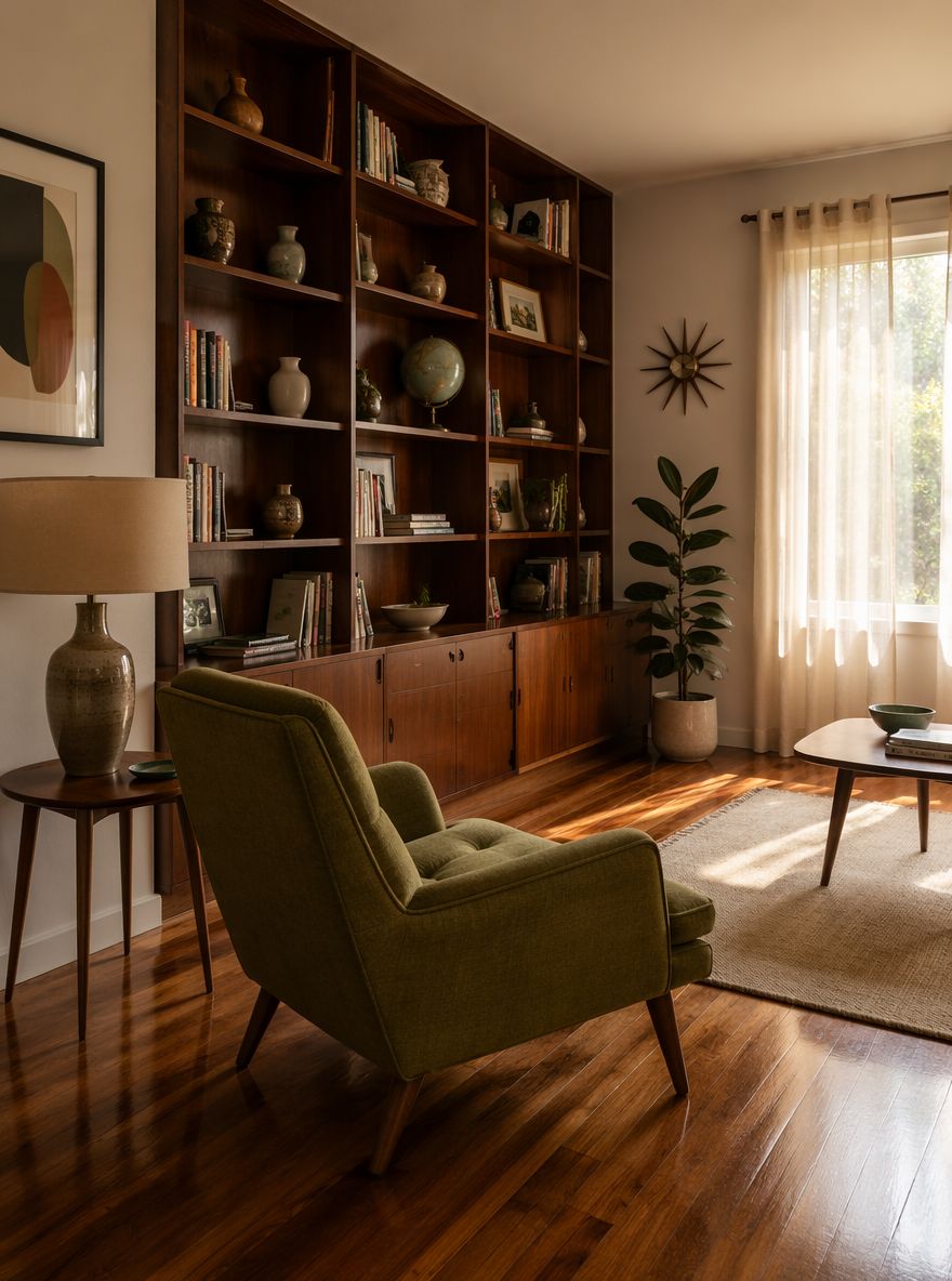Floor-to-ceiling rosewood shelves, avocado armchair below