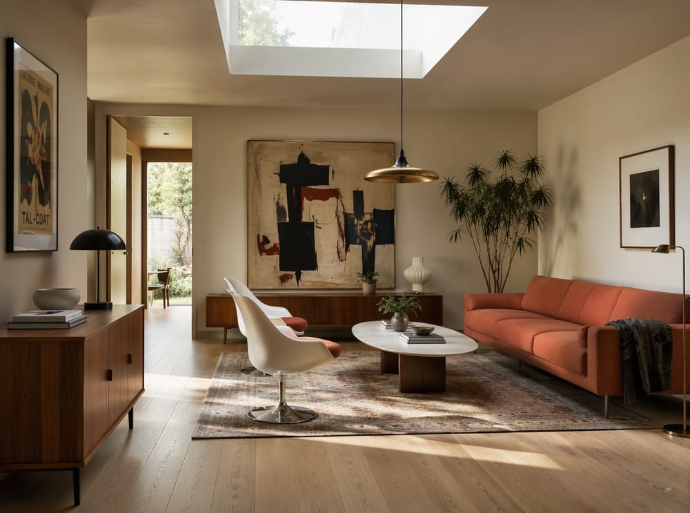 Terracotta sofa opposite tulip chairs, brass pendant above