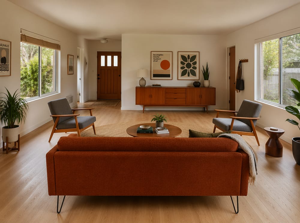 Rust sofa back visible, grey chairs flanking jute rug