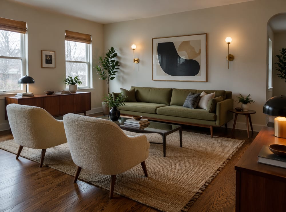 Sage sofa with cream boucle chairs, brass wall sconces