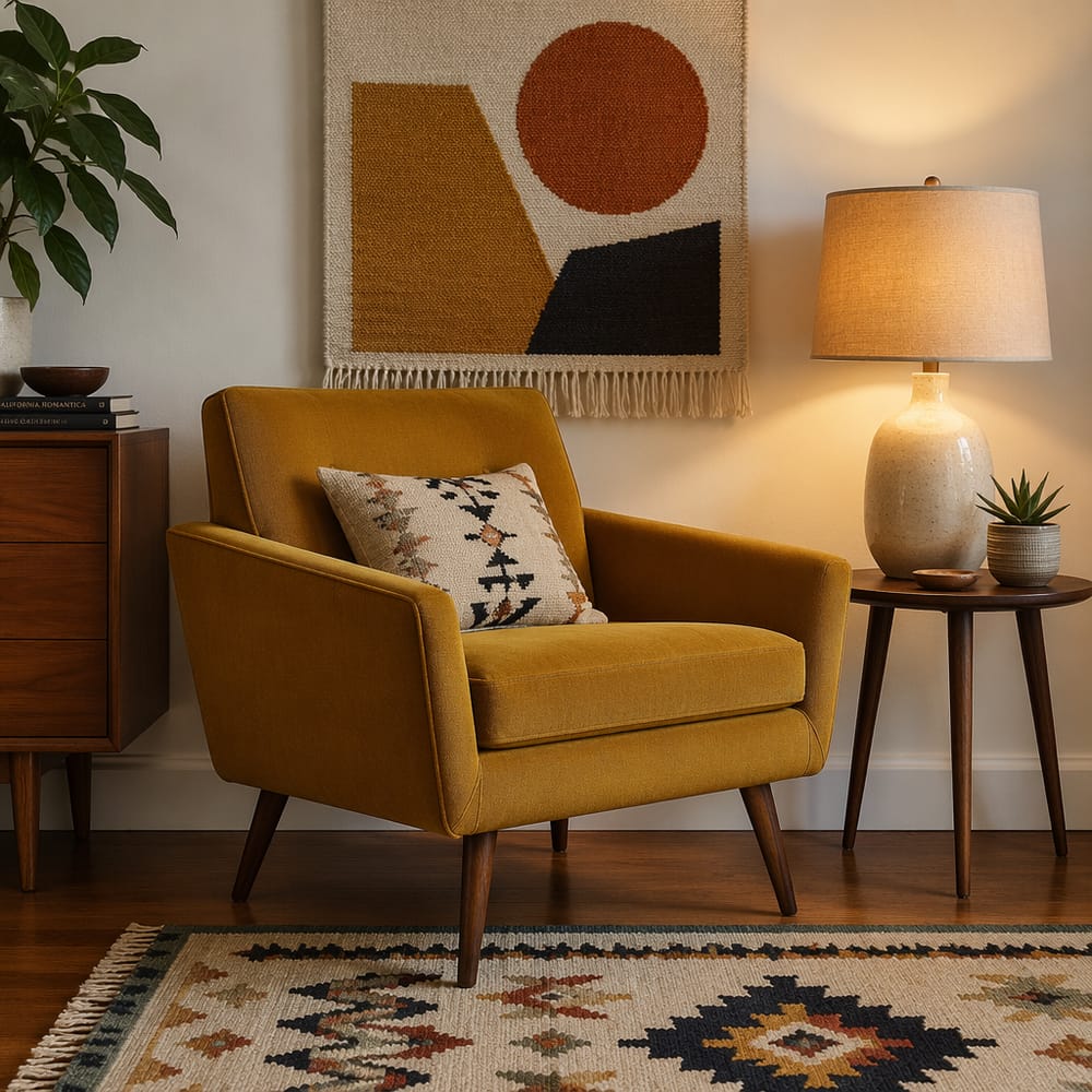 Mustard armchair beside ceramic lamp, textile wall hanging