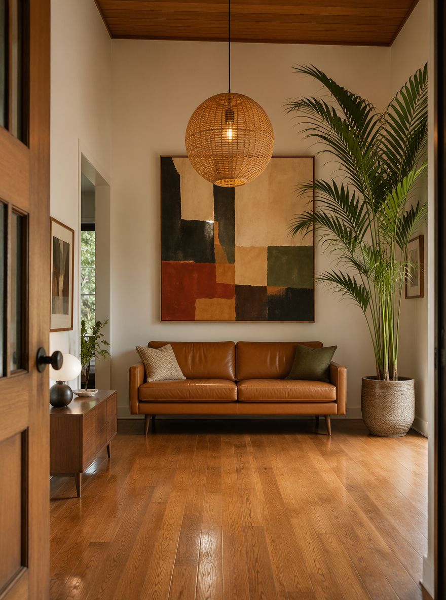 Caramel sofa below large abstract painting, palm corner