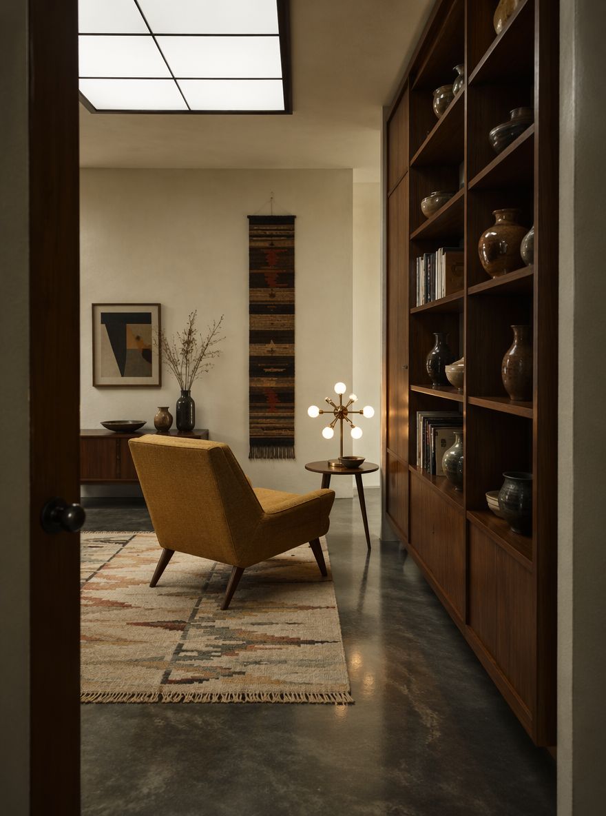 Tall rosewood shelves facing ochre armchair, skylight above