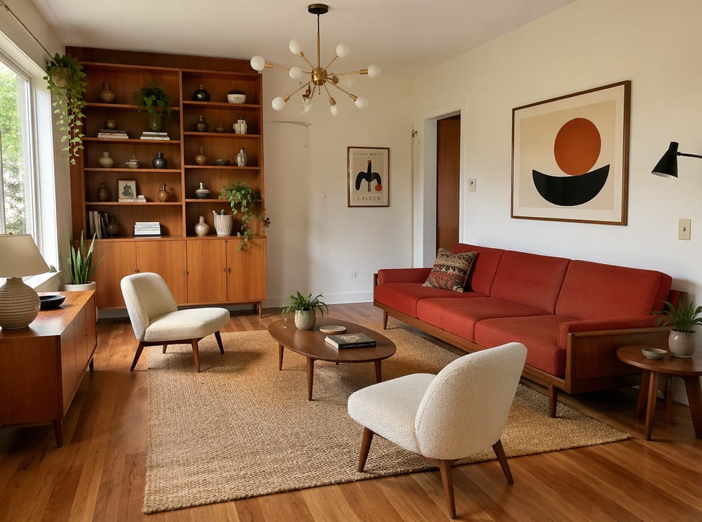 Brick-red sofa, cream chairs, sputnik chandelier above