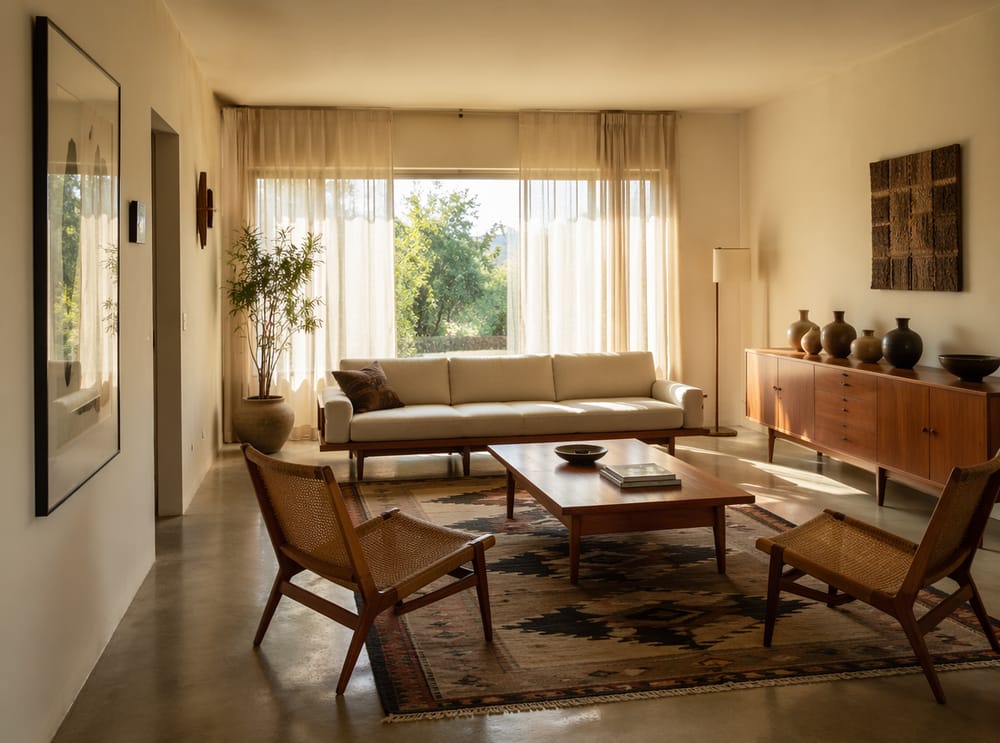 Ivory linen sofa, rattan chairs on geometric rug