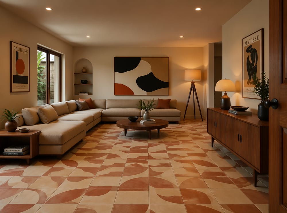 Beige sectional with round walnut table, geometric tile floor