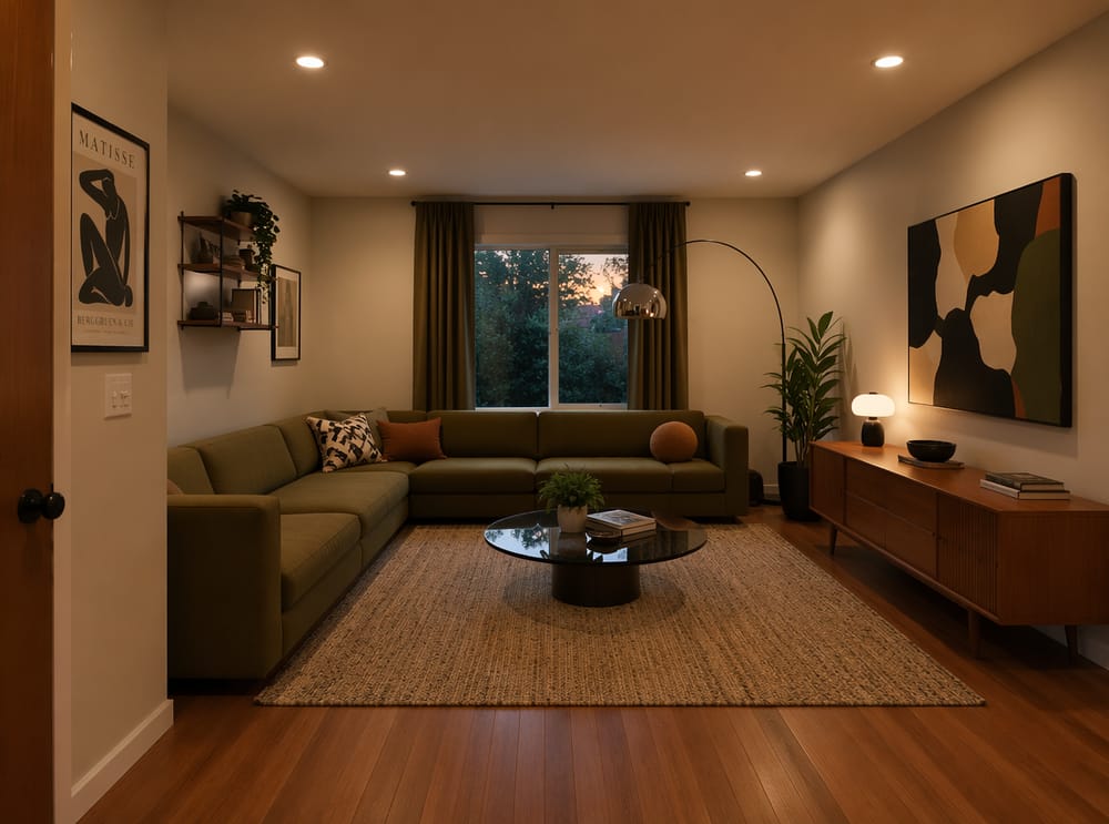 Olive sectional with arc lamp arching over seating zone