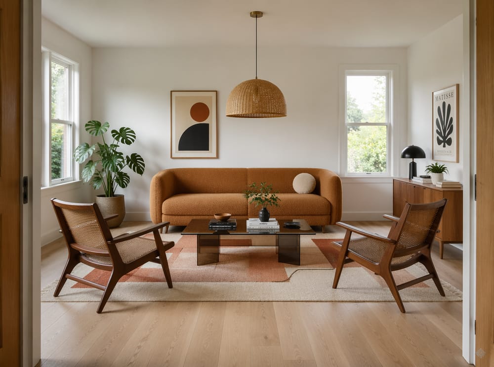 Caramel boucle sofa, rattan chairs on geometric rug