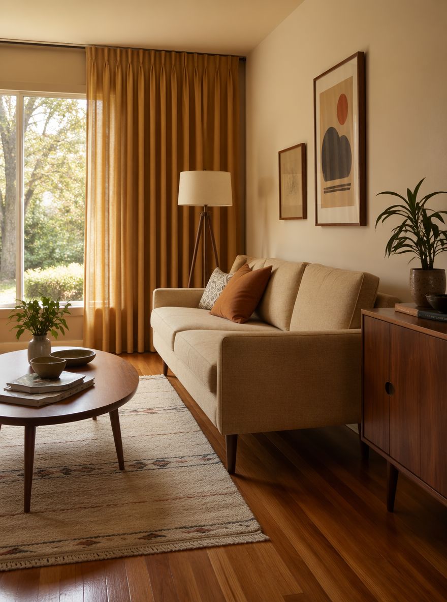 Ochre curtain panel beside low sand sofa, tripod lamp