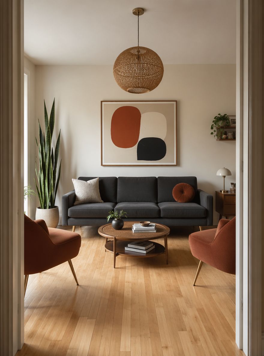 Charcoal sofa below framed print, snake plant corner