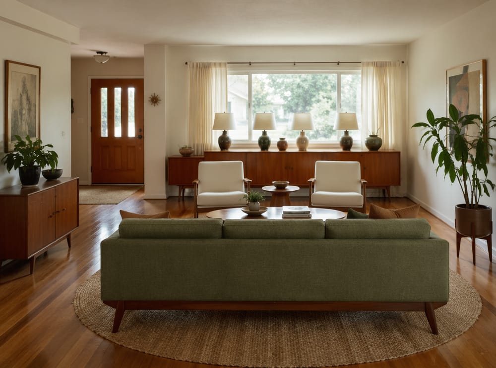 Sage sofa back visible, teak console along entry wall