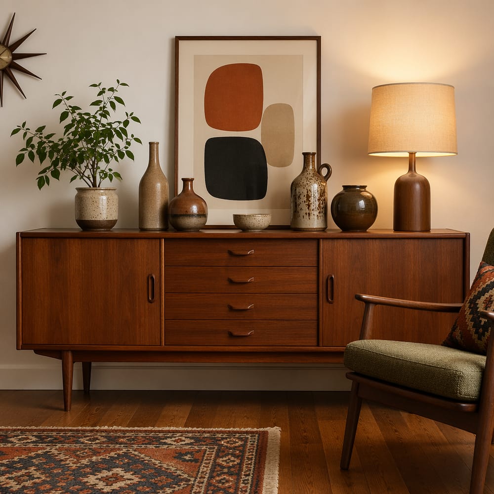Teak credenza with ceramic vessels, leaning abstract print