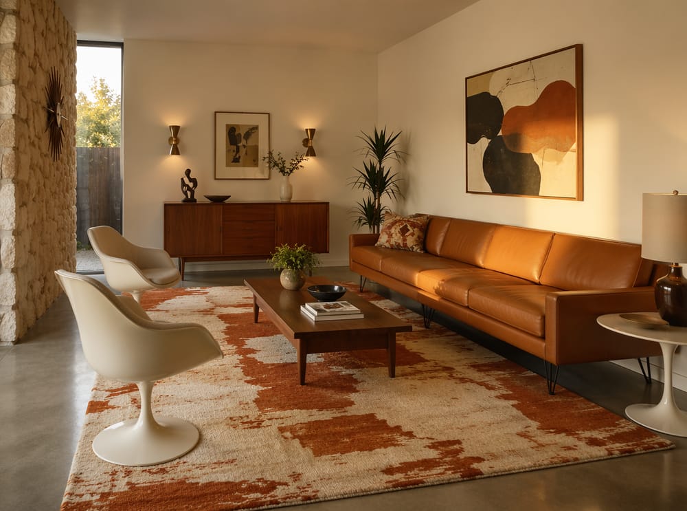 Tan leather sofa, tulip chairs on rust-cream abstract rug