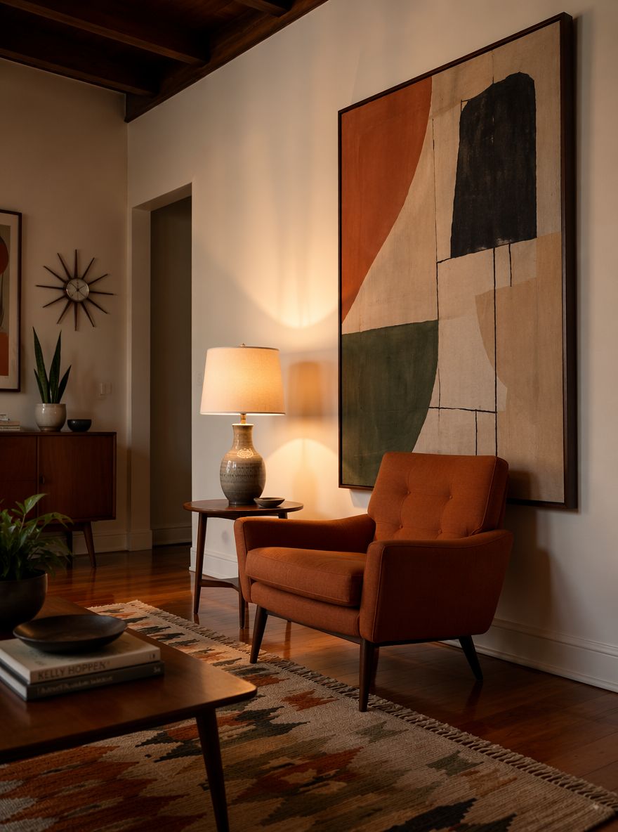 Tall abstract canvas above burnt orange armchair