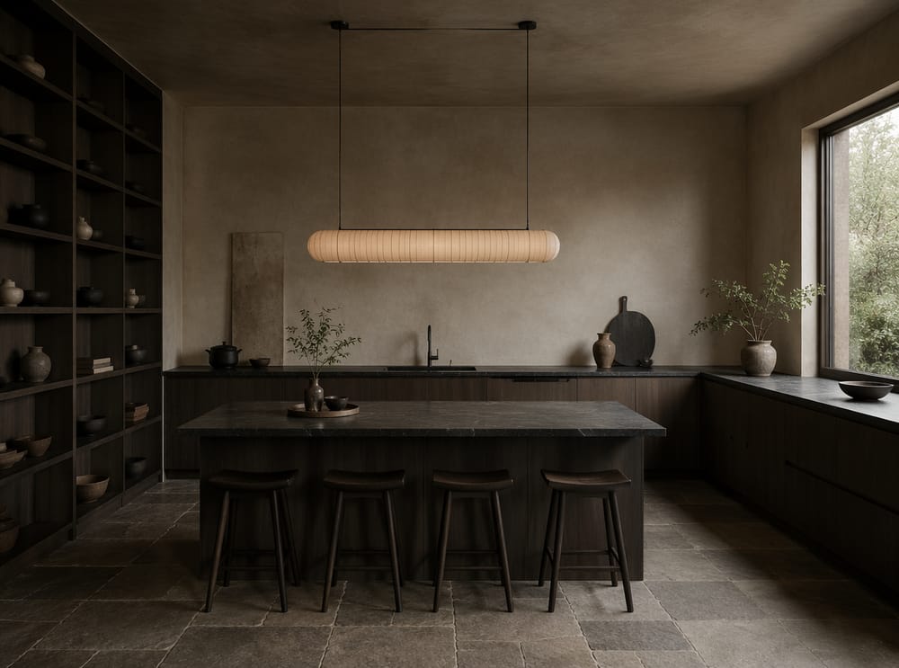 Cocina Japandi de roble ahumado con lámpara colgante de papel washi