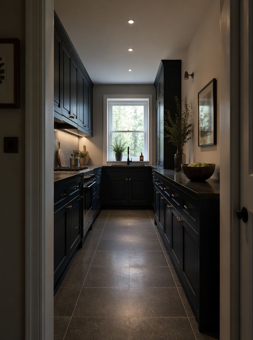 Cocina pasillo azul tinta con ventana retroiluminada al fondo