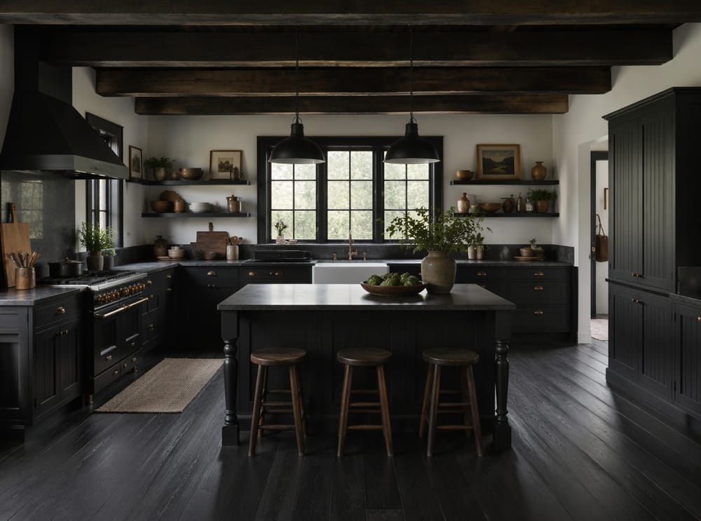 Cocina farmhouse con paneles negros y vigas oscuras expuestas