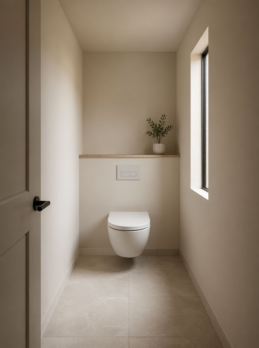 WC sospeso con cassetta nascosta, pareti in intonaco