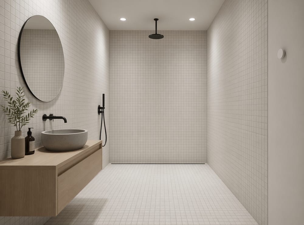 Bagno aperto con scarico lineare e piastrelle a mosaico