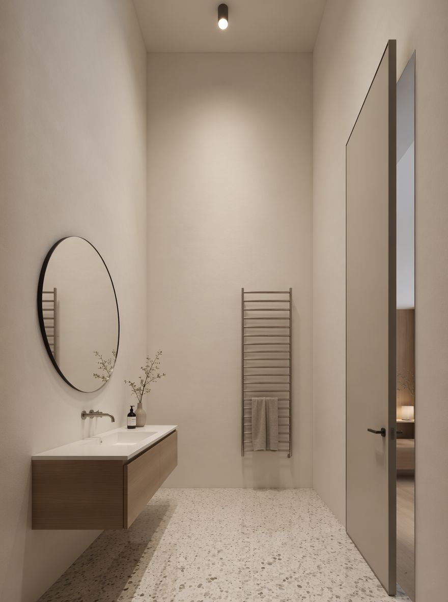 Soffitto alto in intonaco, pavimento in terrazzo, porta a bilico
