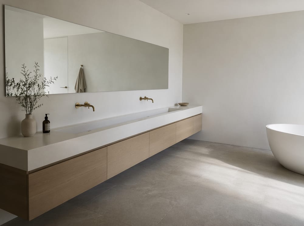 Lavabo a canale in cemento su tutta la parete della vanità