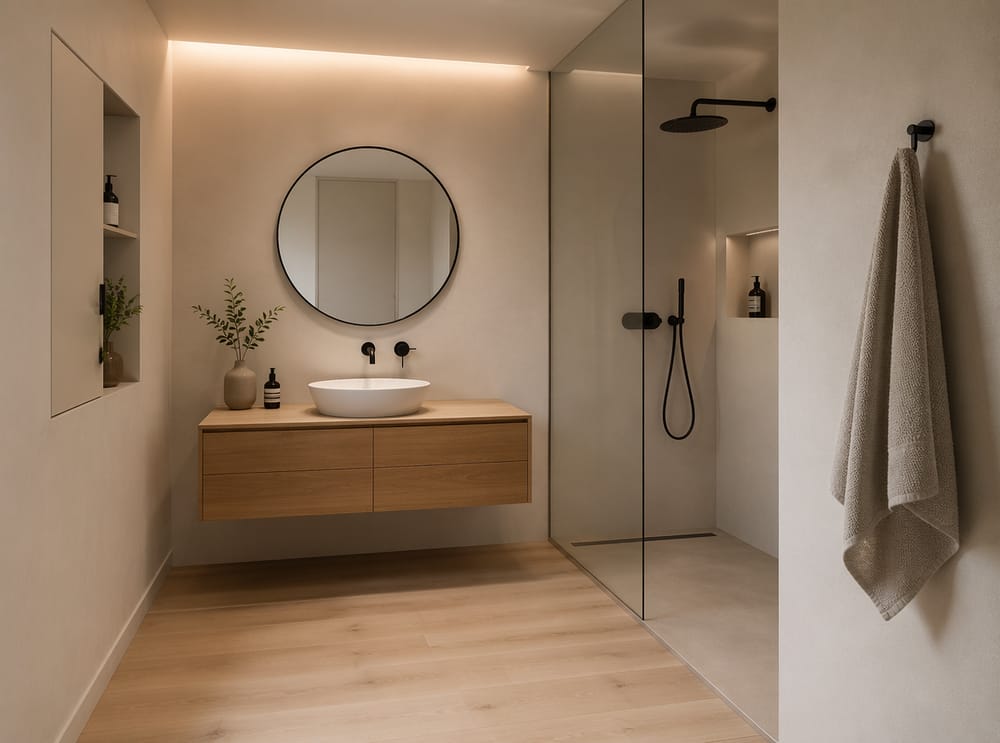 Lavabo a bacinella rotonda, armadietto da farmacia a filo specchio