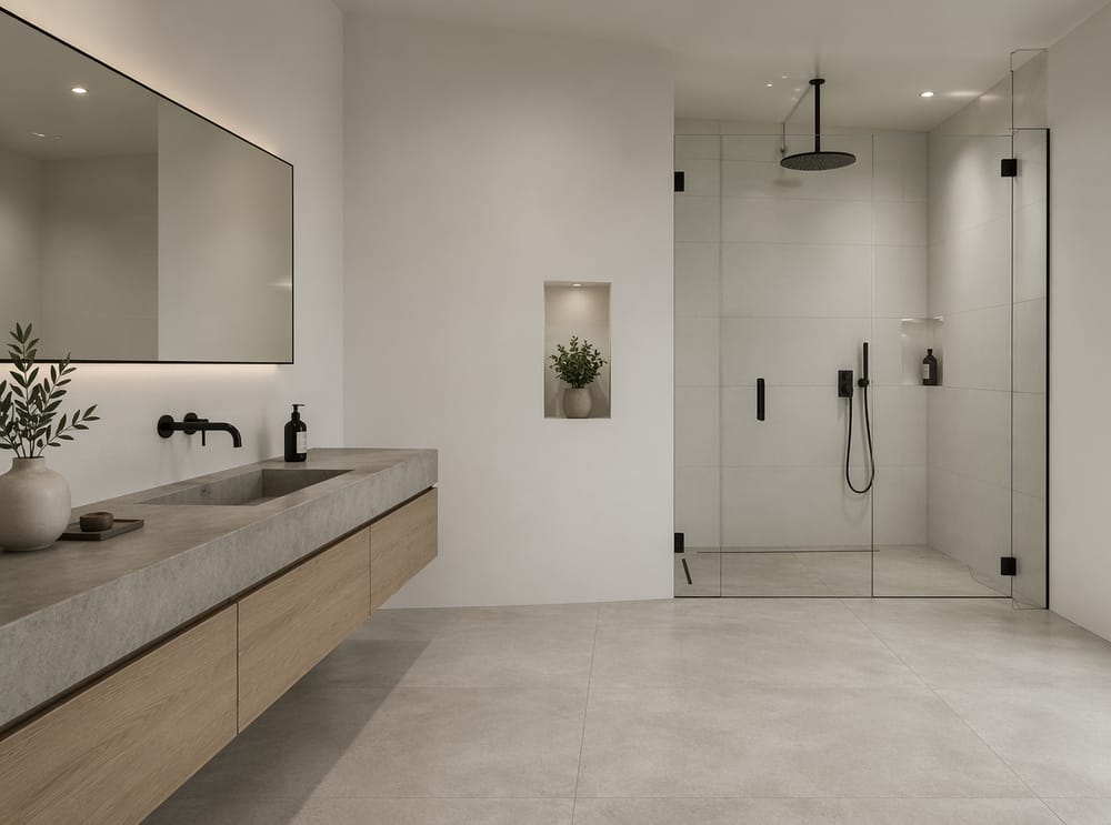 Mobile lavabo in cemento, doccia in vetro nell’angolo