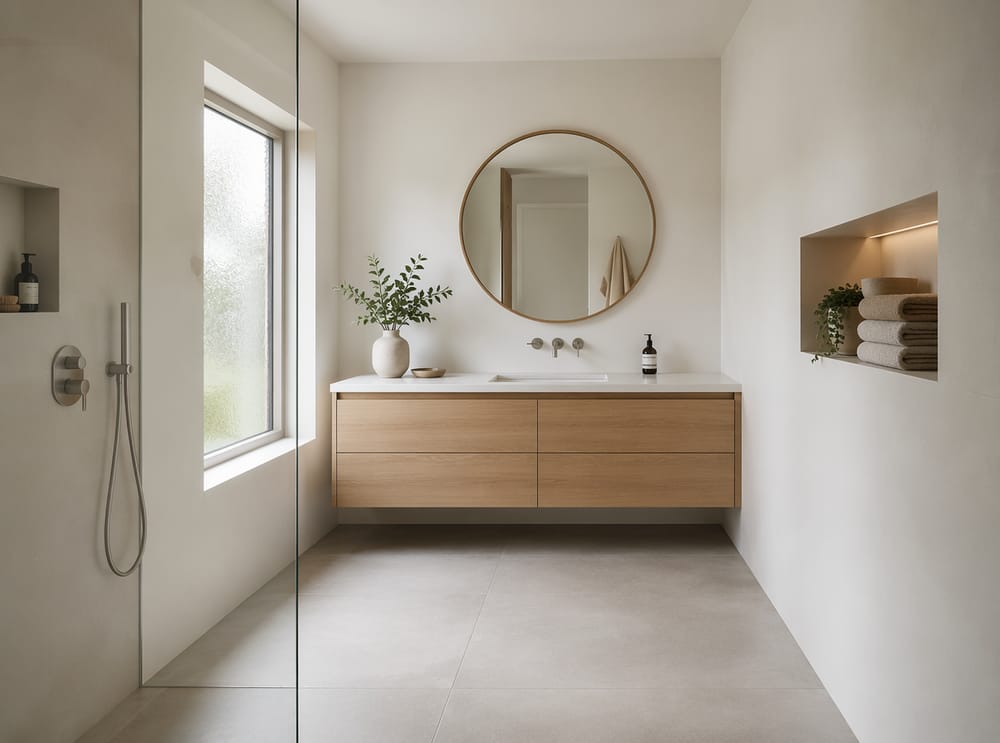 Mobile vanità in rovere chiaro, piano in quarzo, specchio tondo con cornice in rovere