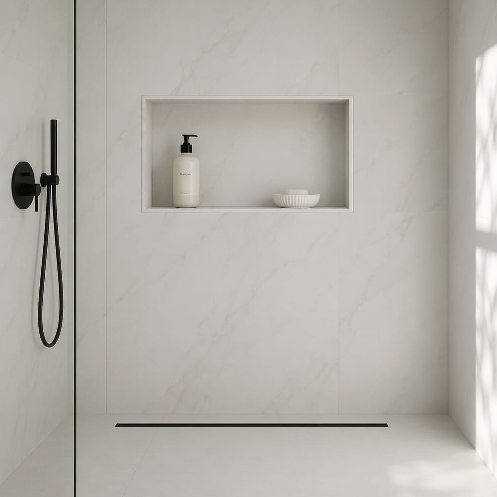 Niche doccia a filo, scarico nero opaco, piastrelle di marmo