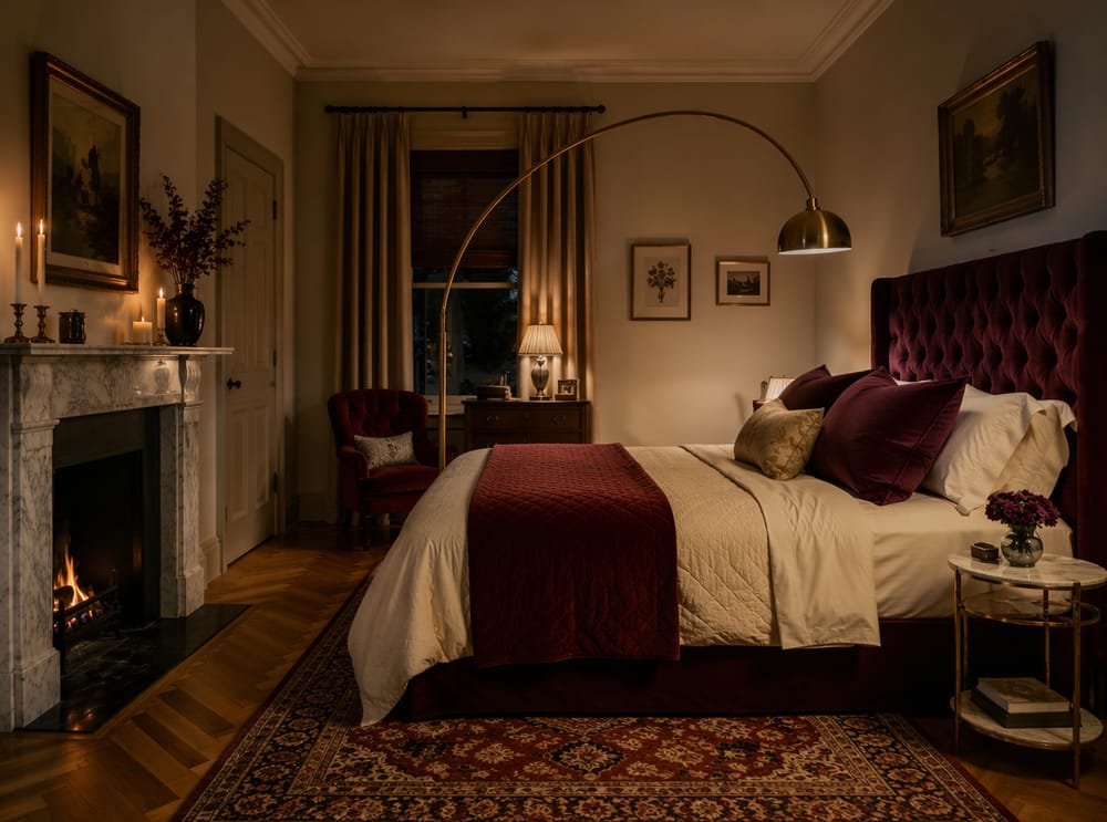 Burgundy kadife başlık, mermer şömine çevresi