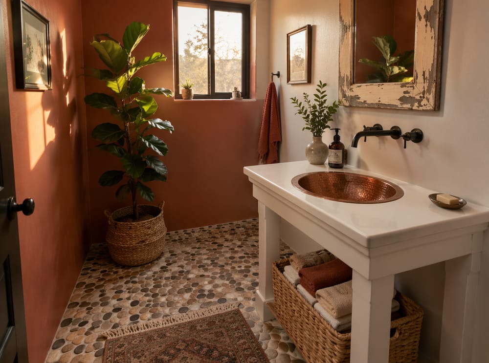 Lavabo de cobre frente a pared terracota intensa