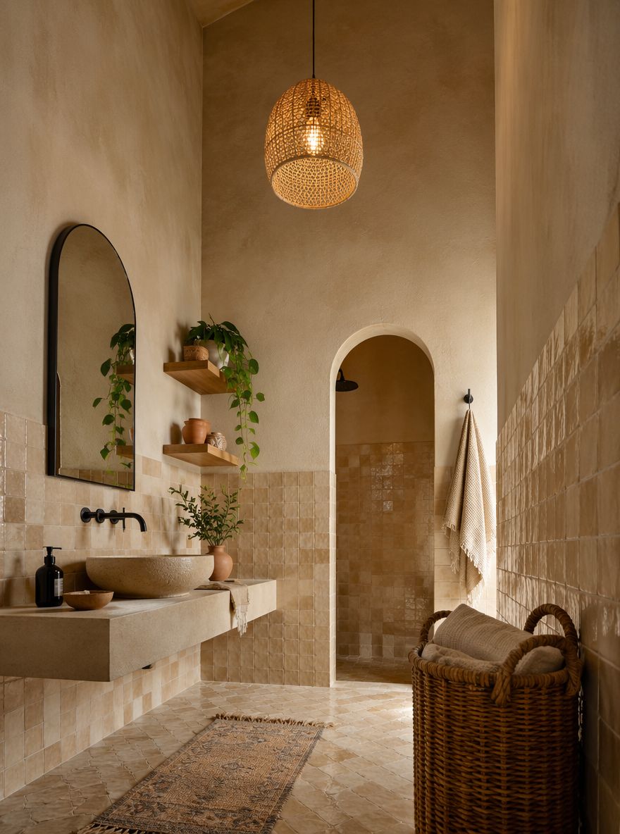 Cesta alta de mimbre junto a lavabo de travertino