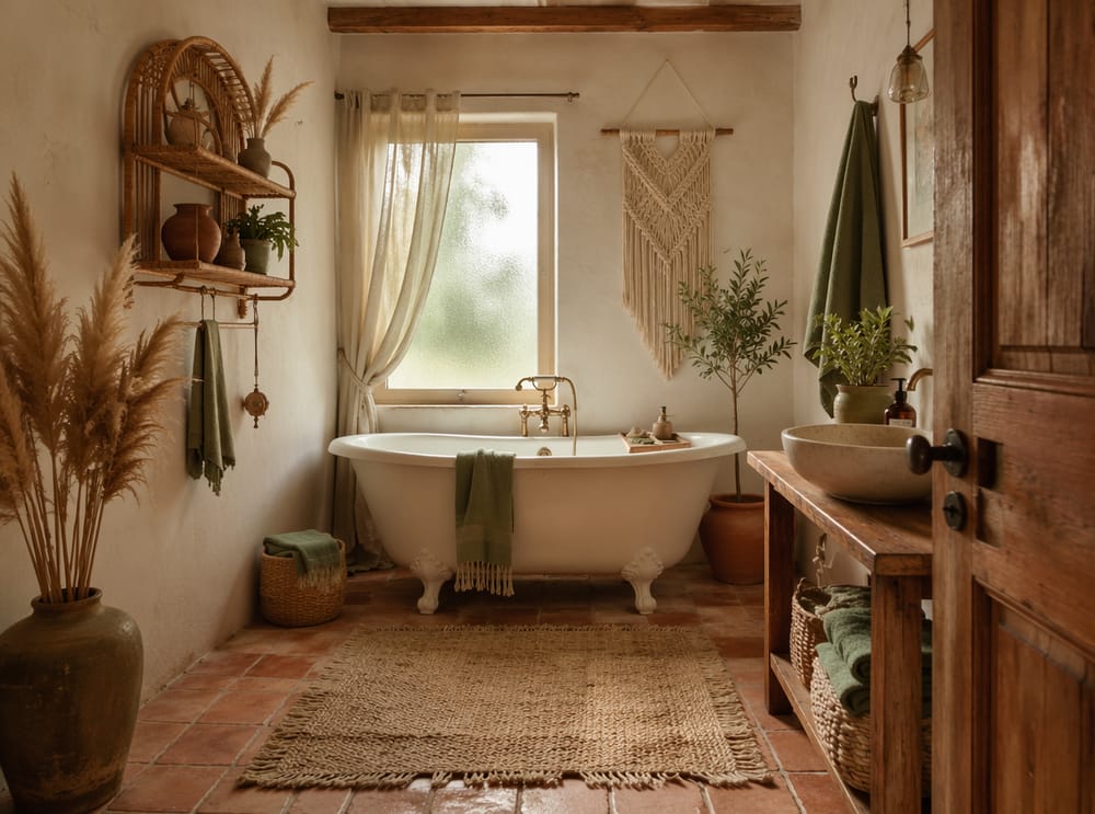 Bañera con patas bajo ventana esmerilada, ratán y yute