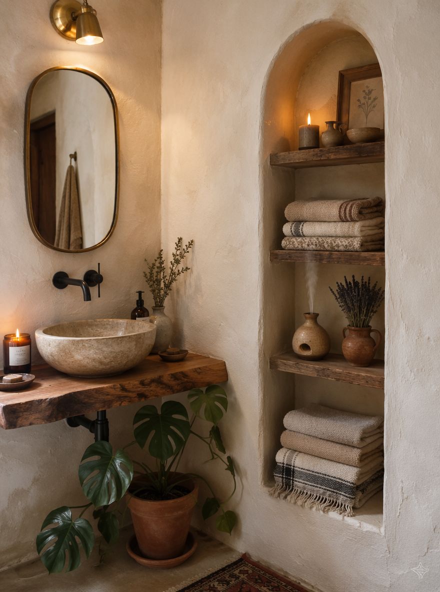 Nicho arqueado junto a repisa natural y lavabo de apoyo