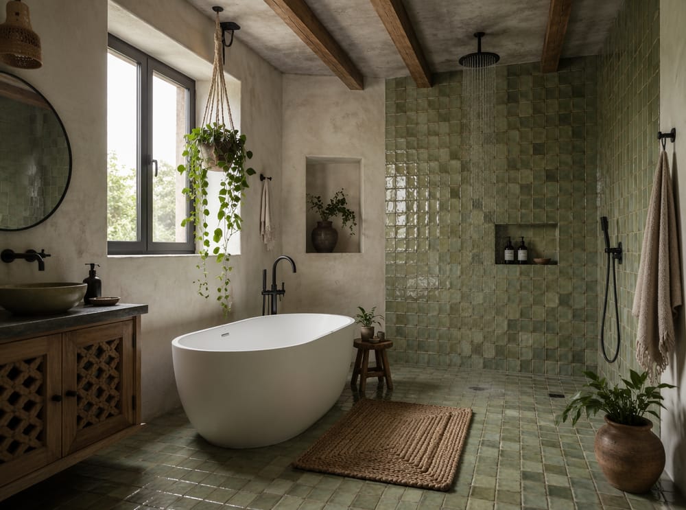 Area de baño abierta con tina ovalada y azulejo zellige