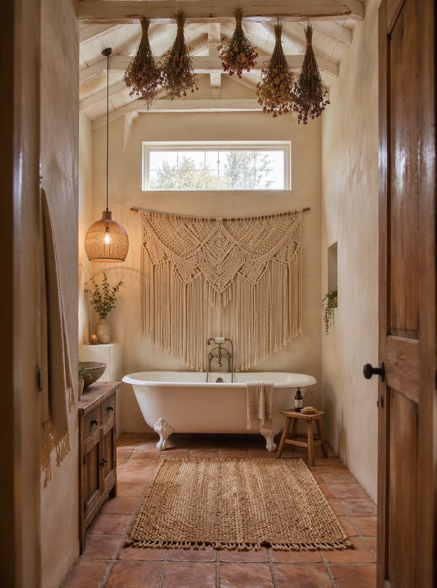 Macramé sobre bañera con patas, vigas de madera expuestas