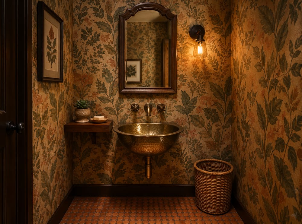 Lavabo de latón martillado, baño con papel tapiz botánico