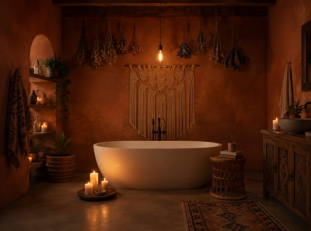 Bañera ovalada a la luz de velas, paredes de estuco terracota profundo