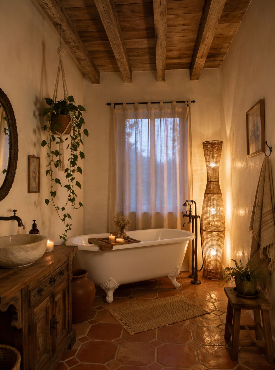 Lámpara de piso de mimbre junto a bañera con patas, techo de vigas al natural