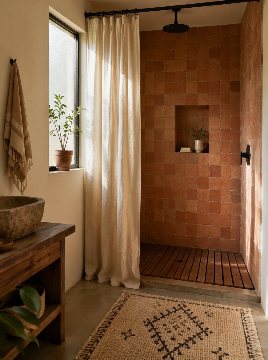 Ducha con cortina de lino, rejilla de teca y azulejo terracota