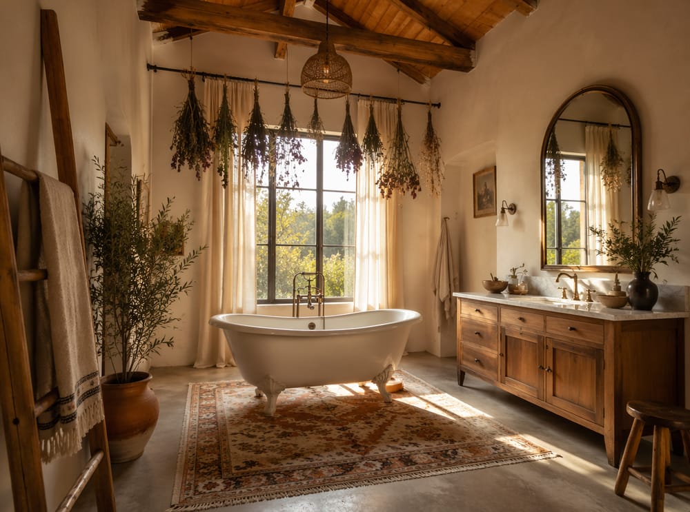 Alfombra kilim bajo bañera con patas, cortinas de lino hasta el suelo